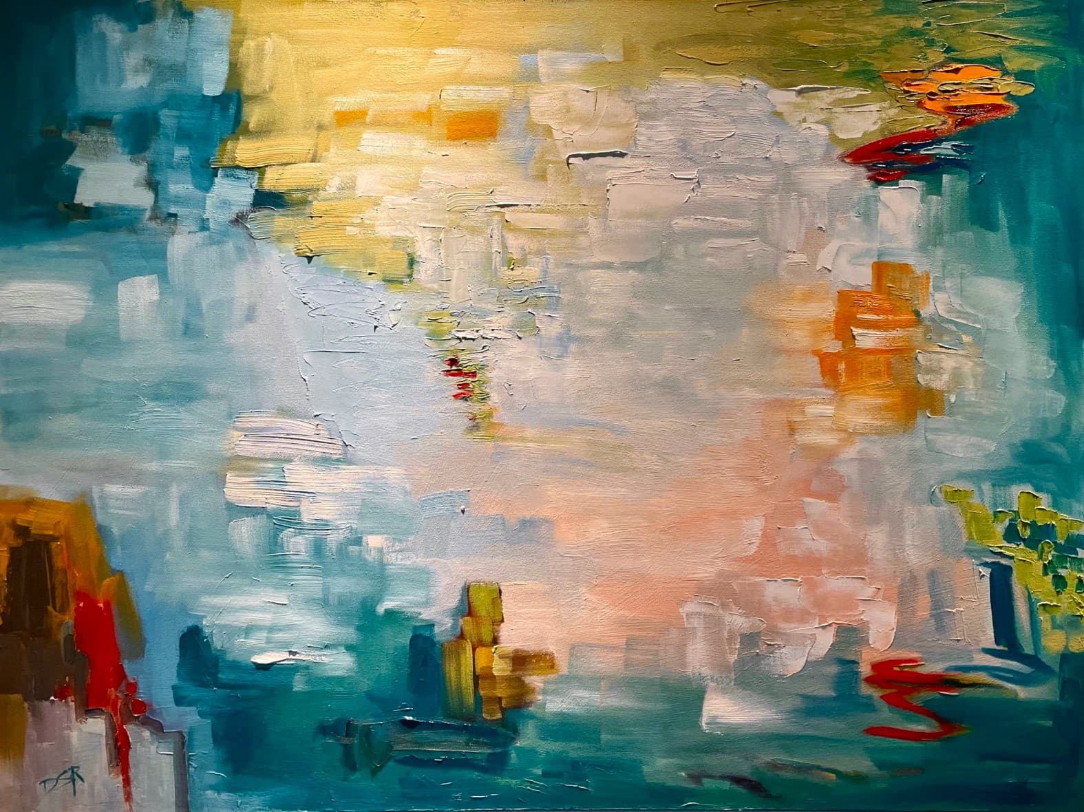 Kiss of Morning Light by Debbi Smith Rourke, luminous layers of teal, pale blue, gold and pink
